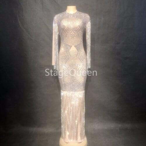 Women Sexy Sparkly Crystals Mesh Perspective Dress Evening Party Dresses Birthday Celebrate Dress Singer Performance Dance Dress