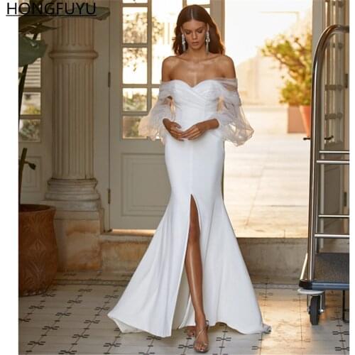 HONGFUYU Mermaid White Wedding Dress Sheer Off Shoulder vestidos de novia Bridal Gowns with Detachable Balloon Sleeves Платья