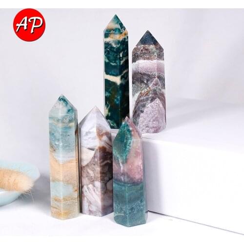 1PC Natural Ocean Jasper Crystal Point Reiki Healing Quartz Energy Stone Hexagonal Magic Wand Home Decoration