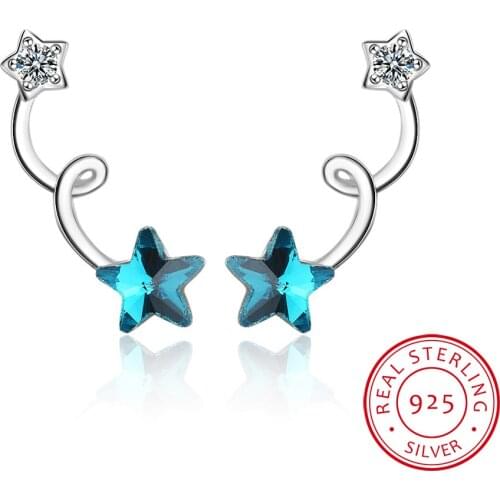 100% 925 Sterling Silver Unique Spring Wave Blue Crystal Star Stud Earrings for Women Fashion Silver Jewelry