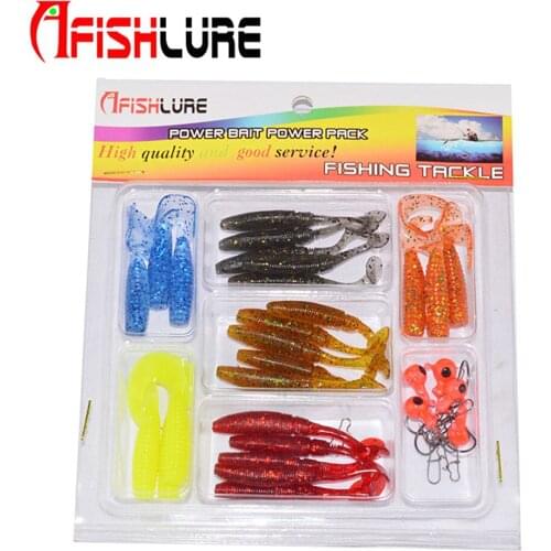 Afishlure 34pcs/lot Soft Worm Fishing Lure Set Jig Head Hook Grub Bass Lure Fishing Tackle