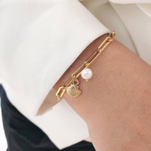 Imitate Pearl Shell Bracelet Geometric Paper Clip Stainless Steel Bracelets for Woman Girl Adjustable Chain Wrist Charm Jewelry