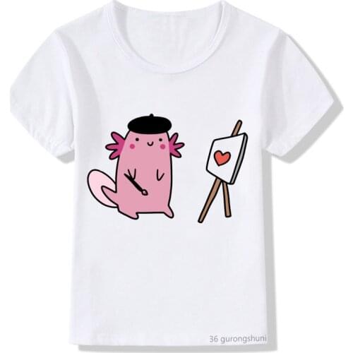 Funny Axolotl Playing African Drum Cartoon Printed T-shirt Kawaii Kids Clothes Summer Tops Boys/girls Fashion New Wholesale