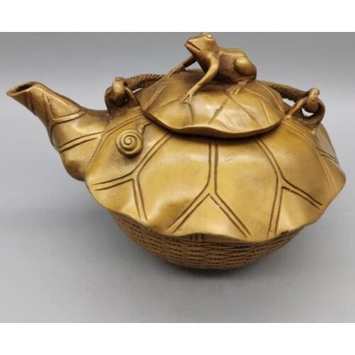 China brass Lotus leaf frog teapot crafts statue