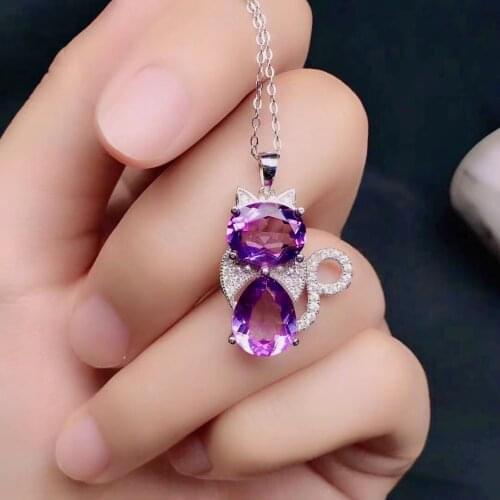 Cute Cat Pendant with Amethyst 8mm*10mm 9mm*10mm Natural Amethyst Necklace Pendant Solid 925 Silver Amethyst Pendant Gift