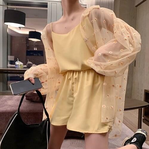 Summer Women 3 piece set Casual tops + shorts mesh thin sunscreen Top Female Office Suit Set Womens 3 Piece Set