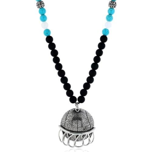 Stainless Steel Basketball Slide Net Hollow Back Pendant Necklace Natural stone Beads Sweater Chain Necklace