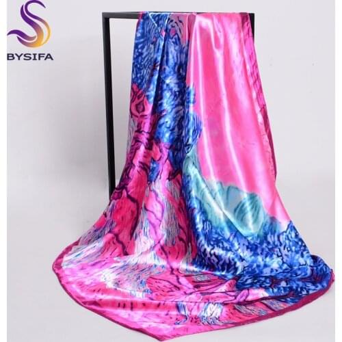 [BYSIFA] Dark Pink Silk Scarf Shawl New Sunrise Design Square Scarves Fashion Head Scarf 90*90cm Spring Ladies Satin Scarf Saly