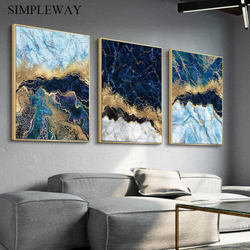 Blue Marble Golden Canvas Poster Contemporary Art Abstract Painting Print Decorative Wall Picture Modern Home Room Decoration