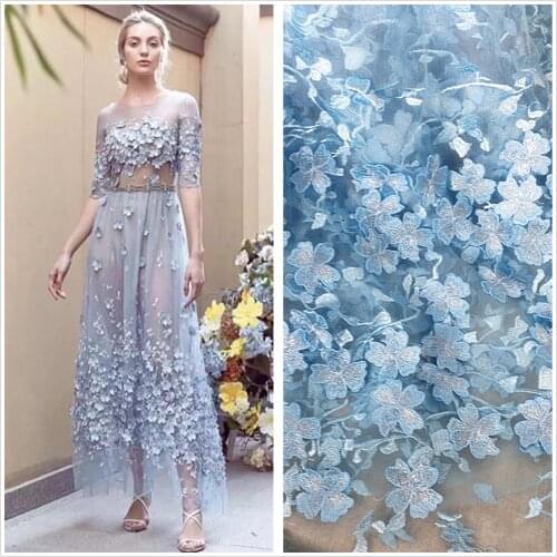 Sky Blue Embroidery Lace Floral Overlay tulle lace fabric French Mesh For Wedding Gown, Dance Prom, Pageant Dress Bridal Dress