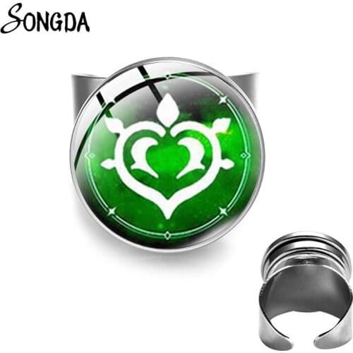 Green Anime God Genshin Impact Eye Open Cuff Rings Adjustable Round Ball Snap Button Ring Glass Cabochon Wholesale Jewelry Gifts