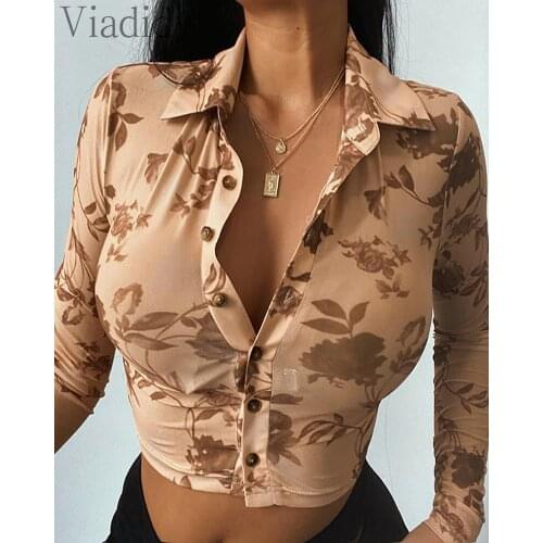 Women Floral Print Sheer Single Breasted Short Shirt Female Long Sleeve Blouse