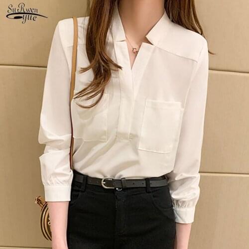 Female Korean Loose V-neck Long Sleeve Shirts New Women Shirt Classic Chiffon Blouse Lady Simple Style Tops Clothes Blusas 10505
