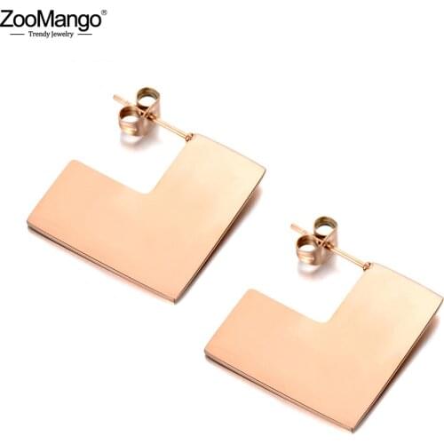 ZooMango Hyperbole Rose Gold Stainless Steel Jewelry Bohemia Geometry Square Stud Earrings For Women Girls Party Gift ZE18069
