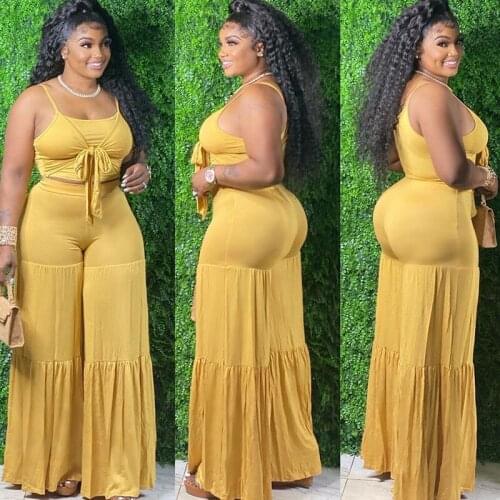 Plus Size Sexy 2 Piece Sets Womens Outfits Bow Tie Crop Top and Wide Leg Pants Suits Elegant Birthday Party Club Matching Sets