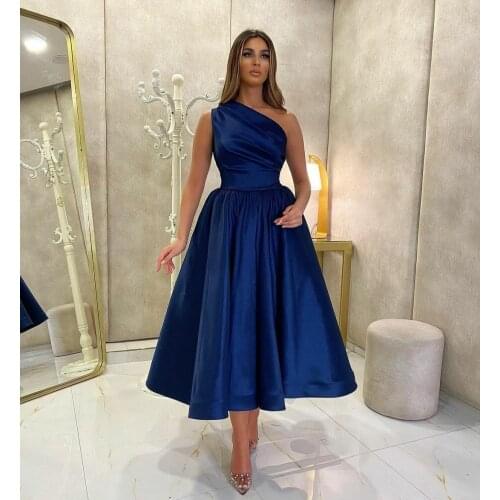 Elegant Short Navy Blue Taffeta Evening Dresses with Pockets Ankle Length One Shoulder Zipper Back Formal Party Gowns for Women