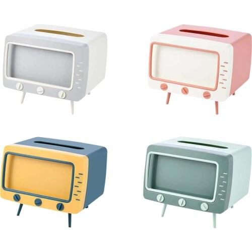 2 in 1 TV Shape Tissue Box Desktop Paper Holder Dispenser Case Home Napkin Storage Organizer with Mobile Phone Holder