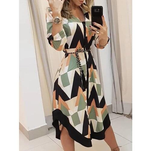 2020 Summer Women Elegant Vacation Stylish Leisure Dress Female Slimming Colorblocked Geo Print Asymmetrical Casual Dress