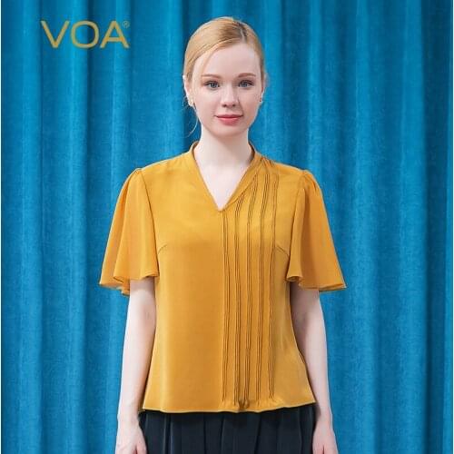 VOA Silk 30m/m Heavy V-neck Champagne Yellow Lotus Leaf Short Sleeve Asymmetric Design Fold Dovetail Straight T-shirt BE661