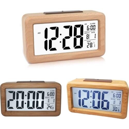 Easy Setting Wooden Digital Alarm Clock with Temperature Date Backlight Snooze for Bedroom Bedside Home, Office Non Ticking