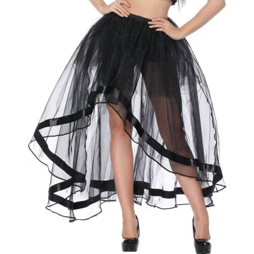 Long Corset Steampunk Skirt Sexy Transparent Tulle Mesh Skirts for Women Females Black Gothic Skirts for Shows Party
