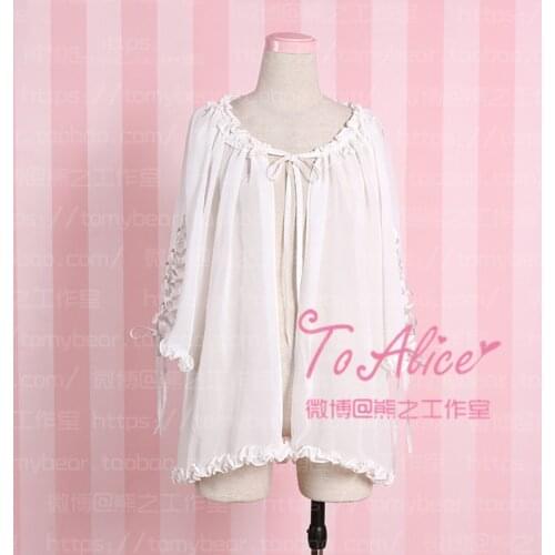 Fairy~Fairy Lolita Summer Suntan-proof Wear Chiffon Cape Tunic Overclothes Ruffles Trim Tie-up Wide Sleeve Cute Color White