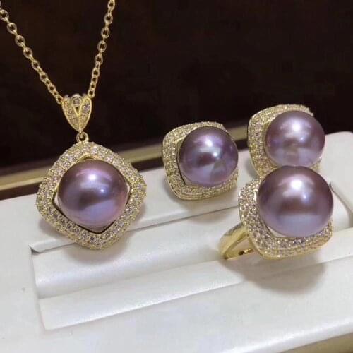 D328 Pearls Sets Fine Jewelry Natural 11-13mm Fresh Water Almost Round Purple Pearls Jewelry Sets for Women Fine Presents