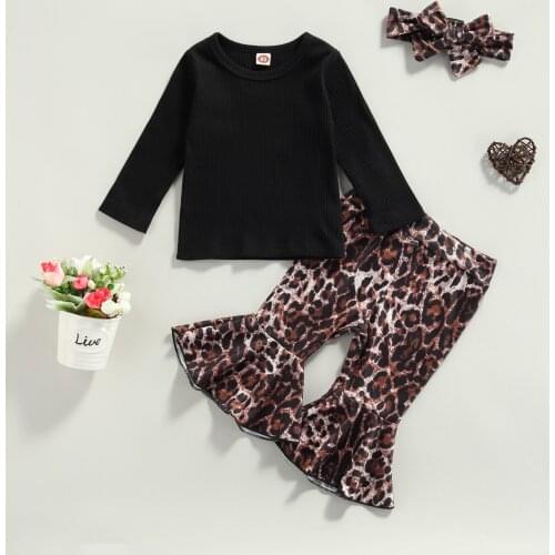 Girl Clothes Set New Autumn Toddler Girls Long Sleeve Pullover Top+Leopard Flare Pants Headwear 3PCS Clothing sets Outfit 1-5Y