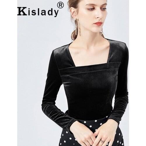 2020 Fall Winter Fashion Womens Black Velvet Shirts Long Sleeves Square Collar OL New Tops Plus Size Japanese Korean Clothes