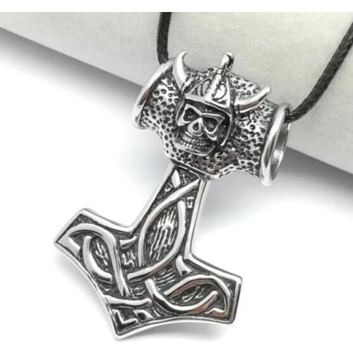 Mens Steel Black Thor Hammer Necklace Stainless Steel Fashion Norse Mjolnir Pewter Skull Pendant Rope Necklace for Men