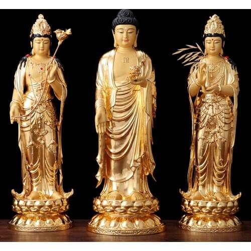 A set 3P high grade Copper Buddha God statue HOME shrine protection Buddhism XI FANG SANSHENG Guan yin Amitabha Mahasthamaprapta