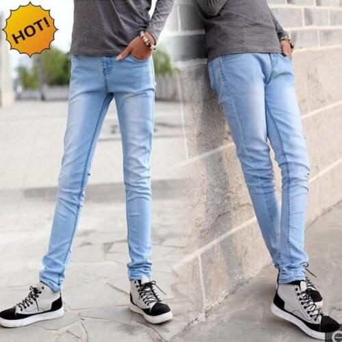 NEW 2020 Indoor Casual light blue streetwear Denim Solid Pencil Pants teenagers Slim Fit washing hombre Trousers 28-34