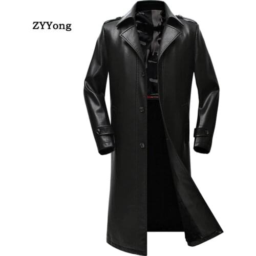 Autumn Winter Men Leather Jacket Clothes Business Plus Size Thickened Overcoat Long Section To Knee Coats Tide Trench Coat