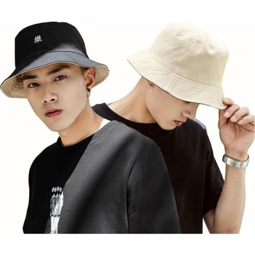 Korean Style Cotton Bucket Hats for Men Summer Sun Hats Caps with Large Brim Male Fashion Double Sided Khaki Beach Cap Hip Hop