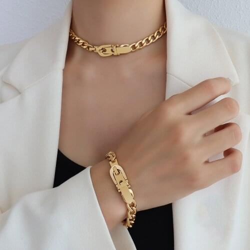 Simple 18k Real Gold Plated Belt Buckle Thick Chain Necklace for Women Men Hip Hop Fashion Design Texture Neck Jewelry Female