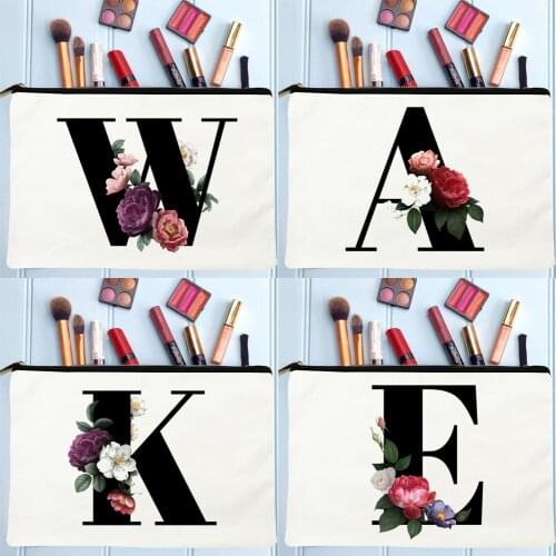 Fashion Flowers Alphabet Print Cosmetic Cases White Makeup Bags Women Makeup Pouch Harajuku Zipper Bags Eco Canvas Casual Pouch