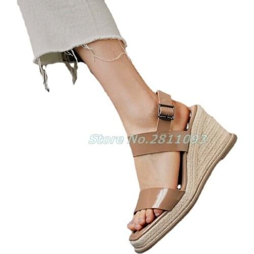 Square Toe Women Sandals Patent Leather Apricot Black Summer Dress Sandals Wedges Platform Sandals Weave Ankle Buckle Sandals