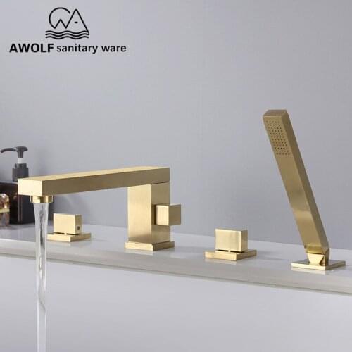 Bathroom Bathtub Faucet Shower Brushed Gold Solid Brass Deck Mounted Pull Out Shower 4 Pcs Basin Faucet Hot Cold Mixer TapML8060