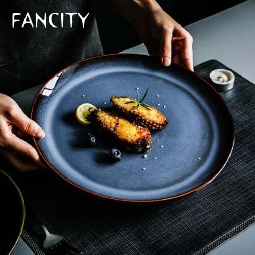 FANCITY Special salad plate restaurant plate creative personality kiln blue western steak plate ceramic tableware ins style