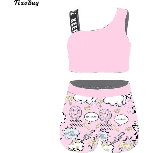 TiaoBug 2Pcs Kids Girls Sport Suit Asymmetric Shoulder Straps Crop Tops And Shorts Set Sportswear For Gym Yoga Dance Fitness