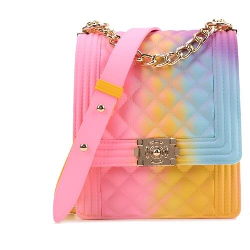 New Fashion Women PVC Jelly Bag Female Rainbow Colorful Shoulder Bag Vertical Diamond bag diagonal Chain Jelly Bag GDB040