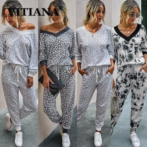 VITIANA Women Casual Sets For Womens Autumn 2020 Female Long Sleeve V-Neck Leopard Two Pieces Set Woman Streetwear 2 Pcs Clothes