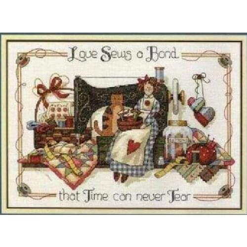 Higher quality cotton threads Counted Cross Stitch Kit Love Sews A Bond Sewing Sew Girl Woman Maid and Cat Kitten Kitty dim