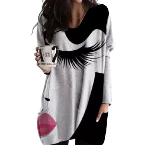 Geometric Print Pockets Long Women T-shirts 2021 Spring New Loose Casual Bohemian T-Shirt V-Neck Female Tops