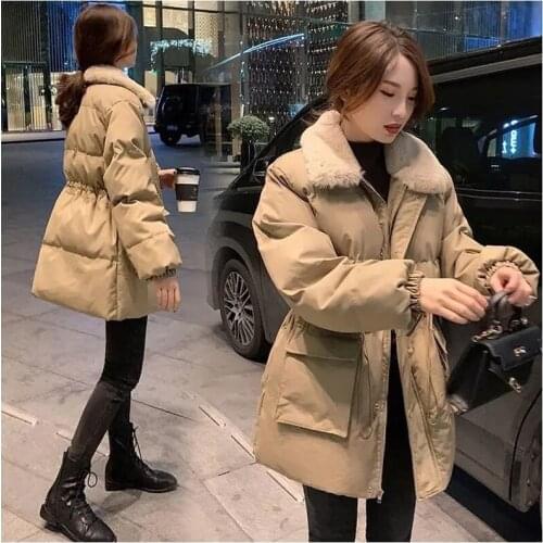 Women Fur Collar Patchwork Parkas Adjustable Waist Midi Thick Warm Coat Korean Fashion Loose Cotton Padded Female Bread Jacket