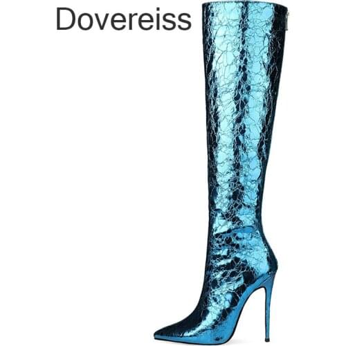 Winter Woman New Fashion Sexy Consice Pure Color Blue Pointed Toe Stilettos Heels Back Zipper Knee High Boots Big Size 44 45