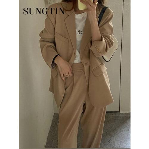 Sungtin Vintage Two Pieces Set Office Lady Blazer Suit Women High Waist Loose Trousers Suit Pants Work Blazer Jacket OL Korean