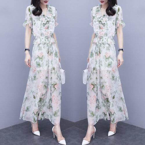 Floral Chiffon Culottes Trouser Suit Women Summer Style Short Sleeve 2-Piece Set Lace-Up Waist Ruched V-Neck Blouse Prairie Chic