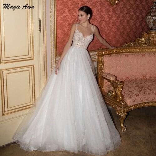 Magic Awn Sparkly Princess Wedding Dresses 2021 Lace Appliques Sequins Beaded Tulle A-Line Vintage Mariage Gowns Abito Da Sposa