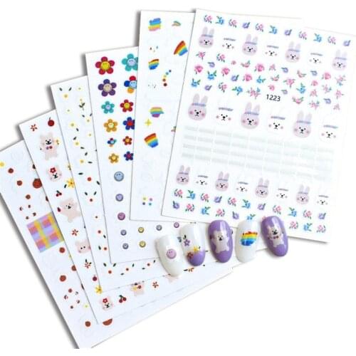 1 Sheet 3D Nail Sticker Cute Rabbit Flowers Rainbow Designs Nail Art Decorations Decals Catoon Tatto for Manicure Accessories